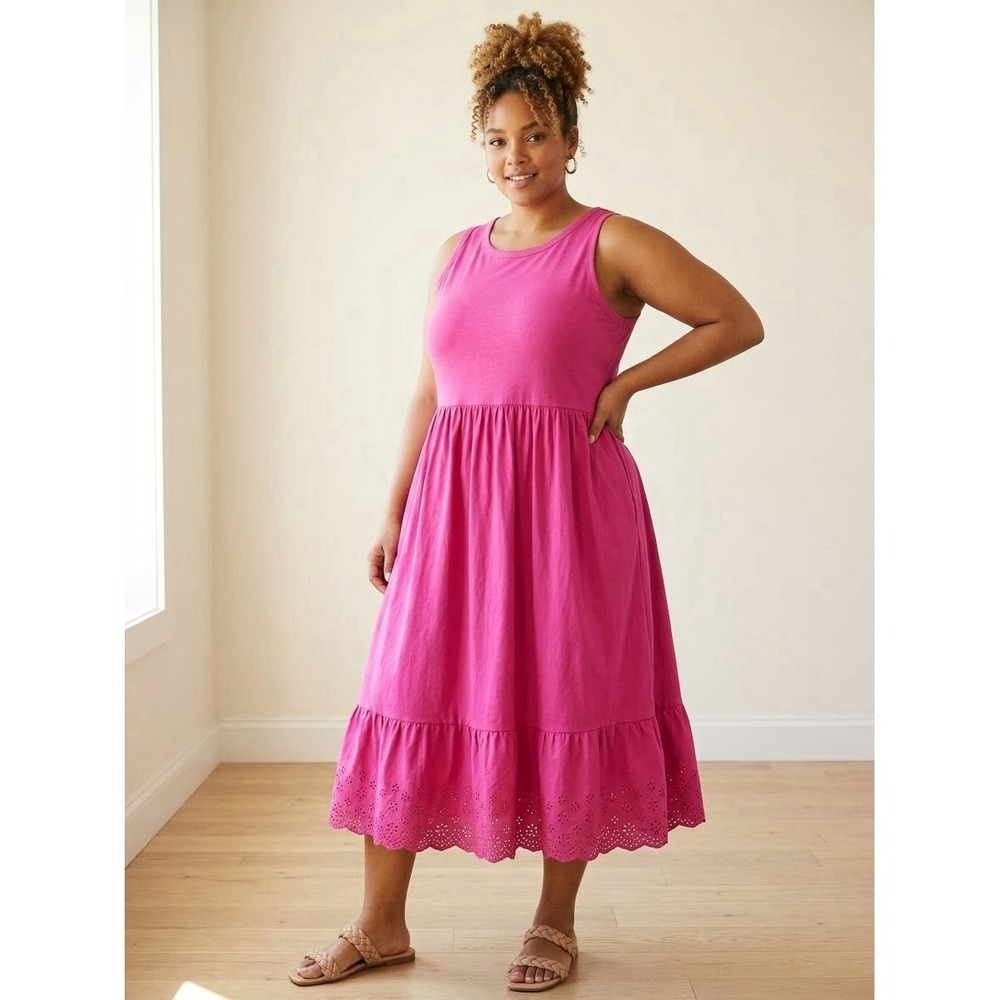Boho-Chic Sleeveless Eyelet Hem Summer Essential Dress Bright, Pink Tiered 2X